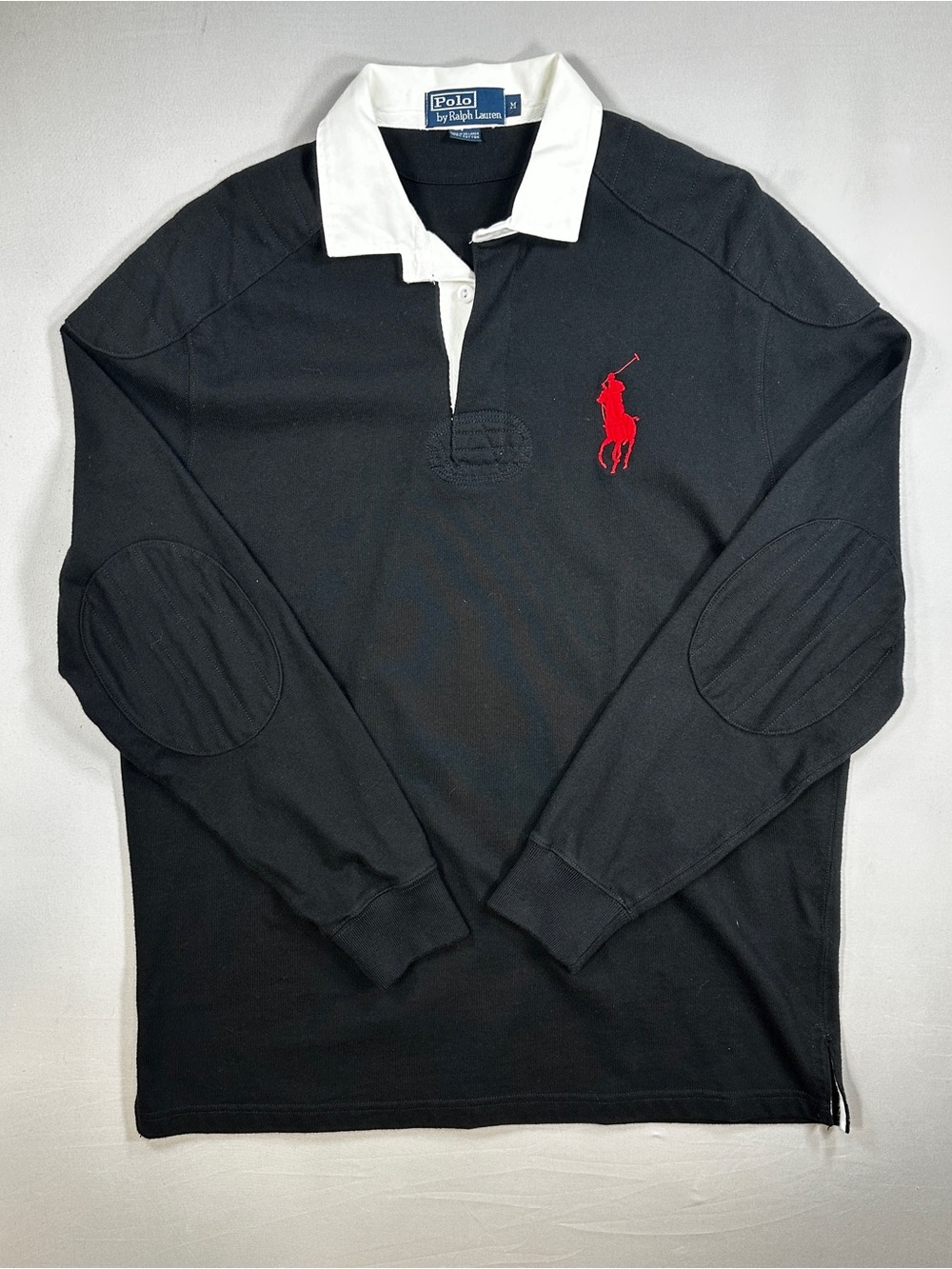 Vintage Polo Ralph Lauren Rugby Shirt Men’s M Black Red Pony Elbow Patches